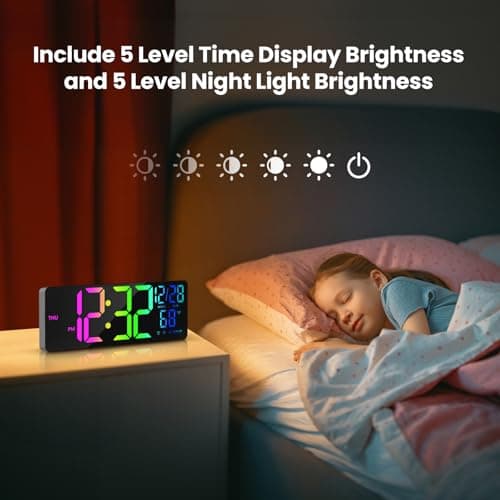 Gerpory 13" Digital Wall Clock,8 RGB Colors, Speaker, Auto Time Sync, Auto DST, Dual Alarm, Auto-Dimming, Large Clock with Night Lights, Humidity, Temperature, Digital Clock with Remote Control 5