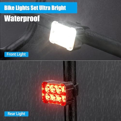 2 Packs USB Rechargeable Bike Light Set, Bicycle Safety Lights Front and Rear with 6+12 Modes, IPX4 Waterproof Headlight and Taillight for Night Riding/Cycling 8