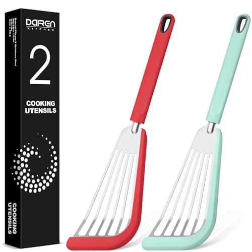 Fish Spatula Turner, Thin Slotted Spatulas for Nonstick Cookware,Silicone Edge Heat Resistant Kitchen Flipper for Fish, Egg, Pancake(Stainless Steel, 2Pack)
