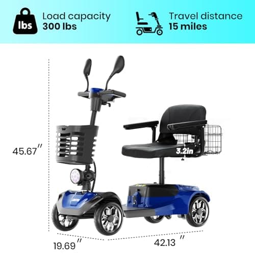 4-Wheel Mobility Scooter for Senior,All Terrain Folding Electric Powered Wheelchair for Adults and Seniors,250W,15-Mile Long Range,5 mph,2 Mirrors, Blue 5