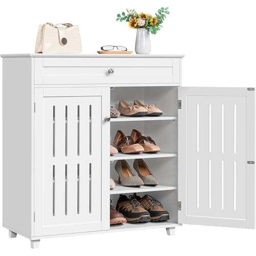 Yaheetech Shoe Cabinet, 4-Tier Shoe Storage Cabinet with Drawer & Adjustable Shelves, Wooden Shoe Rack Organizer with Louvered Doors for Entryway, Hallway, Closet, Living Room, White