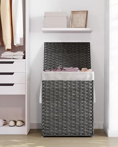 SONGMICS Laundry Hamper with Lid, 23.8 Gallon (90 L) Synthetic Rattan Clothes Laundry Basket with Lid and Handles, Foldable, Removable Liner, Dove Gray ULCB51WG 10