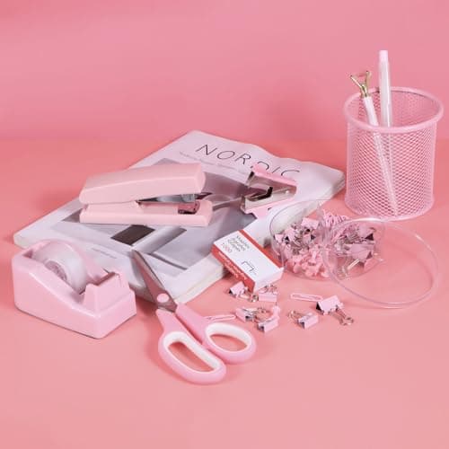 Pink Desk Accessories, Pink Office Supplies Set with Stapler, Tape Dispenser, Staple Remover, Pen Holder, Scissor, Binder/Paper Clips, Ballpoint Pen, Clear Tape and 1000pcs Staples 7