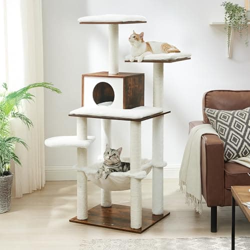 Feandrea Cat Tree, 56.3-Inch Modern Cat Tower, Multi-Level Plush Condo with Scratching Posts, Hammock, Washable Cushion, Rustic Brown UPCT164X01
