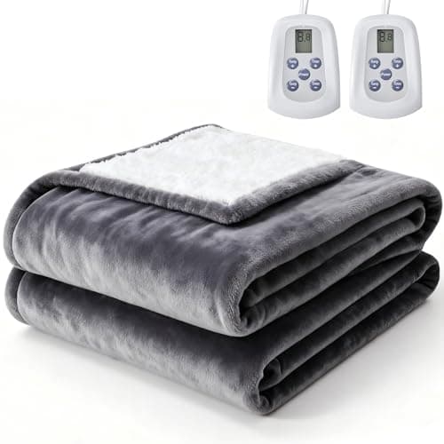 Sweetcrispy Heated Blanket Queen Size, 84''x90'' Electric Blanket with Dual Zone Independent Control, 10 Heat Levels and Auto-Off, Washable Flannel & Sherpa Fabric Electric Warmer ETL Certificated