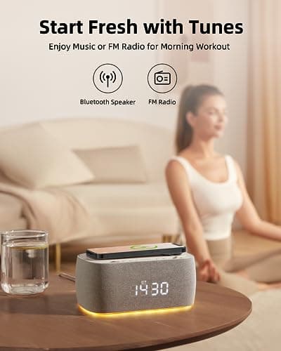 EZVALO Alarm Clock with Wireless Charger,Multifunctional Digital Clock Radio with Speaker,Dimmable LED Display with 9V&2A Fast Charging Port,Night Light for Bedroom, Gray 5