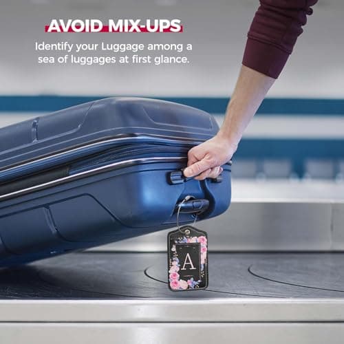 Initial Luggage Tags for Suitcases 4 Pack TSA Approved, PU Leather Luggage Suitcase Tags for Travel Baggage Name Personalized, Bag Tags for Easy Identification - Black & Pink Floral (Letter A) 6