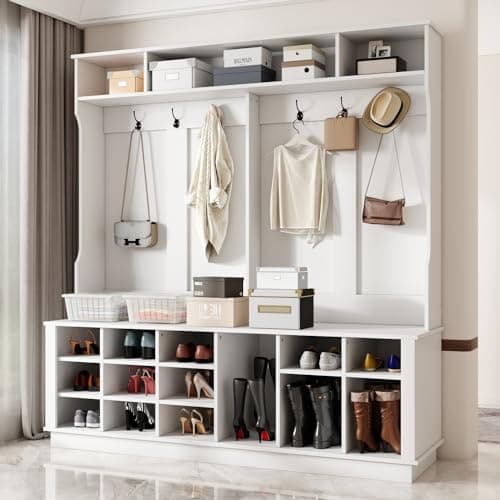 WOODTIME Extra Large Hall Tree with Bench and Shoe Storage, Multi-Purpose Entryway Bench with Coat Rack, Adjustable Shelves, 6 Double Hooks and 21 Open Compartments, White