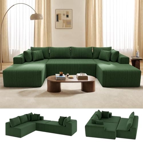 Mvpipi Cloud Couch U-Shaped Sectional Sofa, 134'' Modular Boneless Couches for Living Room, Corduroy Deep Seat Sofa with 2 Chaise Lounges and 1 Loveseat, 30D High-Resilience Foam, No Assembly, Green