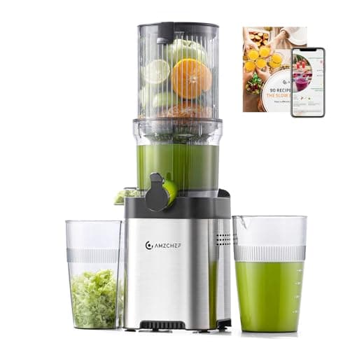 AMZCHEF Cold Press Juicer, 4.5" Juicer Machines with Large Feed Chute for Whole Fruits & Vegetables, Stainless Steel Juice Extractor with Large Auger, Dual Strainers, Easy Cleanup & Assembly