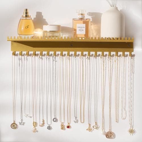 Josmimic Necklace Holder Wall Hanging Organizer: Wall Mounted Jewelry Shelf with 56 Hooks and Tray, Display Hanger for Kids, Girls and Women, Gold & Metal