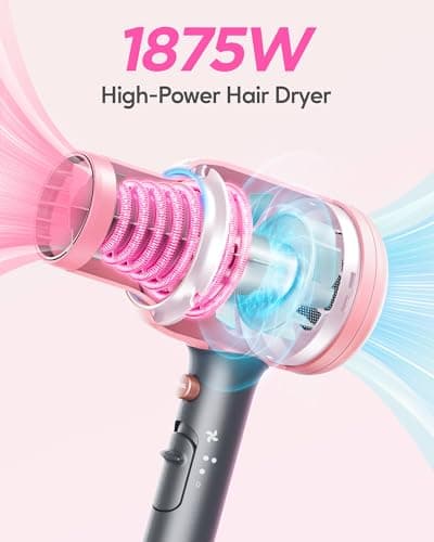 Wavytalk Hair Dryer with Diffuser, Blown Away Ionic Hair Dryer with 4 Attachments for All Hair Types, 1875W Blow Dryer with Ceramic Technology, Gift Packaging, Light and Quiet, Rose Gold 6