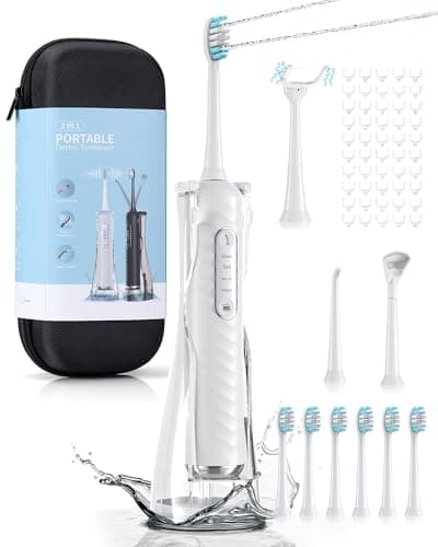 Duolosy Electric Toothbrush with Water Flosser, 4 in 1 Cordless Toothbrush and Water Flosser Combo for Multiple Users and Needs, Flossing Toothbrush Portable for Travel and Home, White
