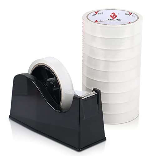 BOMEI PACK Desktop Tape Dispenser (Fits 1" & 3" Core) with Transparent Tape Refills, Clear Tape with Black Tape Holder,Weighted Non Slip Base, for Masking Tape,Heat Resistant Tape