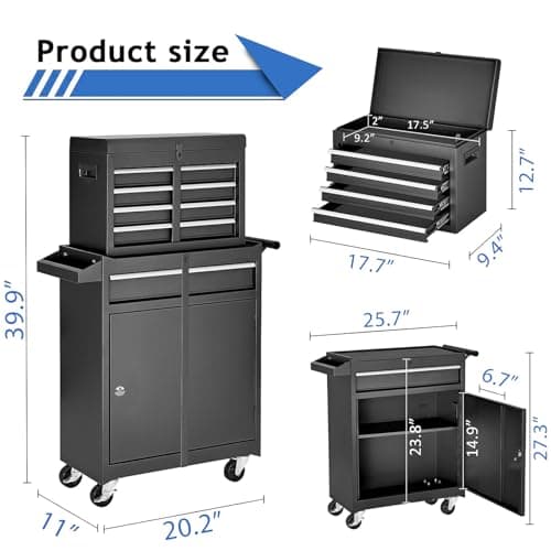 SumKea Tool Cabinet, Tool Chest with Wheels, Garage Tool Box, 5 Drawer Rolling Tool Chest and 2 Lockers, Detachable Storage Cabinet, for Garage Warehouse Workshop, Black 6