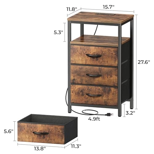 Huuger Nightstand with Charging Station, 27.6 Inch Bedside Table with Fabric Drawers, End Table with USB Ports and Outlets, Night Stand for Bedroom, Rustic Brown 9