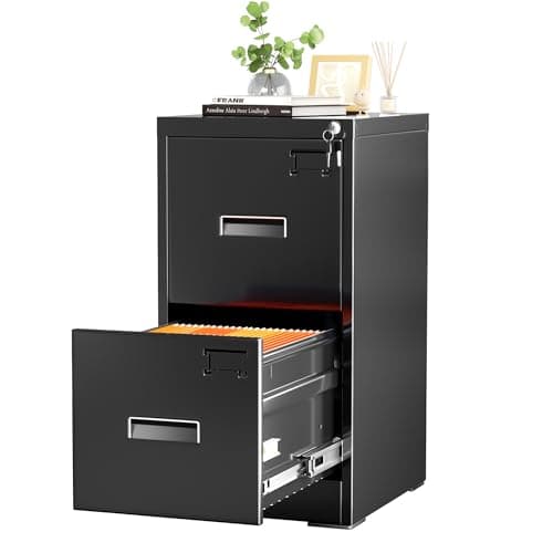 INTERGREAT 2 Drawers File Cabinet with Lock, 18" D Vertical Filing Cabinet for Home Office, Metal Black File for Hanging Letter/F4/A4/Legal Size Folders, Easy Assemble