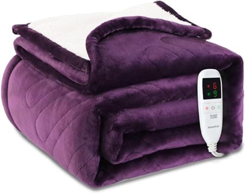 Roamfish Electric Blanket Purple Heated Throw - 50"×60" Super Soft Flannel Sherpa Heated Blanket with 6 Heating Levels, 1-9hrs Timer Auto Shut Off Fast Heating Over-Heated Protection