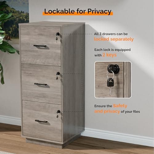 VINGLI 3 Drawer File Cabinet with Lock, Home Office Filing Organizer, for Letter Size File Folder Storage, Wood Tall Vertical Filing Cabinet, Printer Stand, Archivador (Rustic Gray) 5