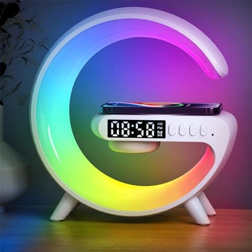 Pqeert 2026 New Wireless Speaker Charger, Atmosphere Bedside Light with Wireless Charging Station,Music Lit Lamp 4 in 1 Alarm Clock Gifts Idea for Family (White)