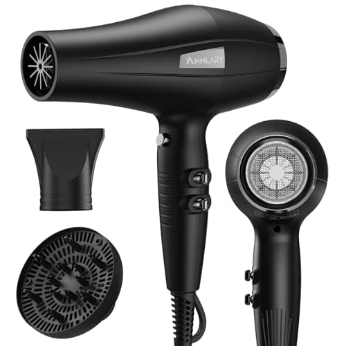 ANNLARY Ionic Hair Dryer with Diffuser, Blow Dryer, Professional 1875W Powerful AC Motor Hairdryer with 8.2Ft Cord for Women & Men, Fast-Drying Blow Dryer with Nozzle for Home, Salon