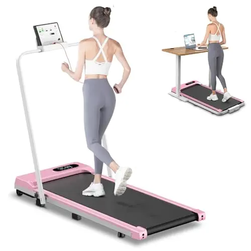 Gywowken Foldable Treadmill Walking Pad, 5MPH Folding Treadmill Under Desk with Handle for Home Office, 2.5HP Running Machine with Remote Control, Safety Lock, Pink