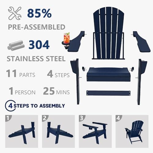 Plawdlik Folding Adirondack Chair, SGS Tested, Wooden Textured with Cup Holder, Heavy All-Weather HDPE Comfortable Set Poolside Backyard Lawn Navy Blue 7