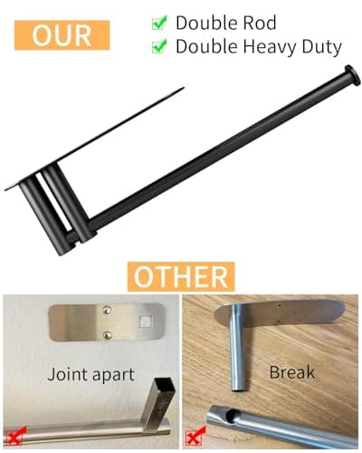 Under Cabinet Paper Towel Holder for Kitchen, Upgraded Heavy Duty Double Pole Design, Both Available in Adhesive & Screws, Self-Adhesive Bar Rack for Kitchen Towel, Stainless Steel, Black 3