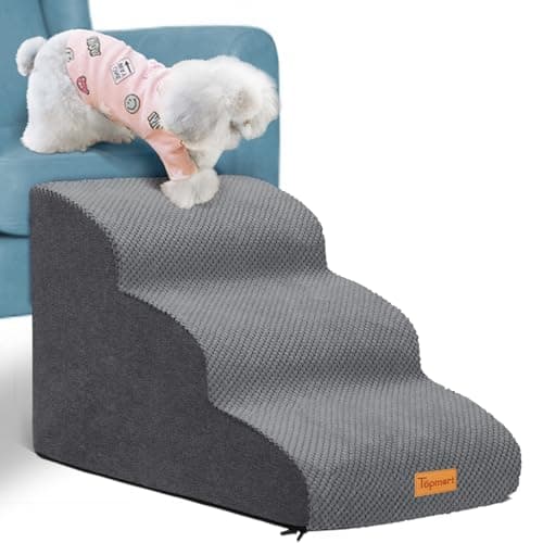 Topmart 3 Tiers Foam Dog Ramps/Steps,Non-Slip Dog Steps,Extra Wide Deep Dog Stairs,High Density Foam Pet Stairs/Ladder,Best for Older Dogs,Cats,Small Pets, Grey