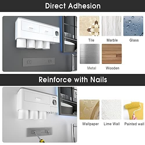 iHave Toothbrush Holders for Bathrooms, 4 Cups Toothbrush Holder Wall Mounted with Toothpaste Dispenser - Large Capacity Tray, 2 Cosmetic Drawer - Bathroom Organizer & Bathroom Accessories Set 6