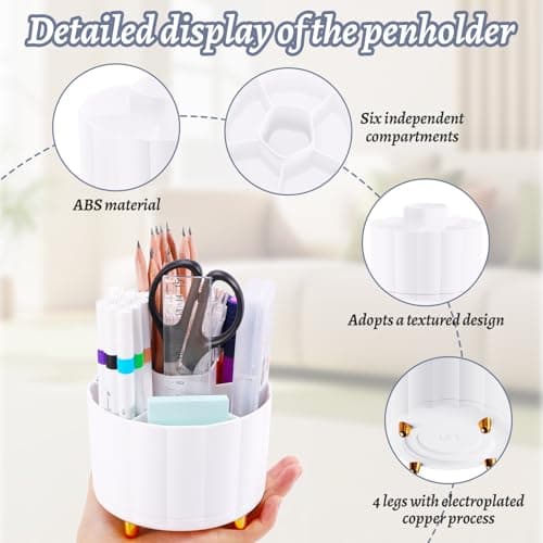 IVEETTY 360 Rotating Pencil Pen Holder for Desk, White Pen Organizer with 6 Slots, Cute Office Supplies, Desk Accessories for Office, School, Home 5