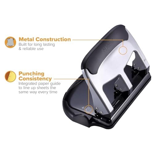 Bostitch Office EZ Squeeze Heavy Duty 3 Hole Punch, 40-Sheet Capacity, Use Less Force, Perfect for Home Office School Supplies, Sleek Design, Silver 5