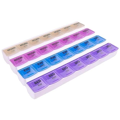 Apex 7-Day Mediplanner Pill Organizer, Weekly Pill Organizer, 4 Times A Day Color-Coded, Easy-Open, See-Through Lids, Organize Medication Or Vitamins by AM, PM, Evening and Bedtime
