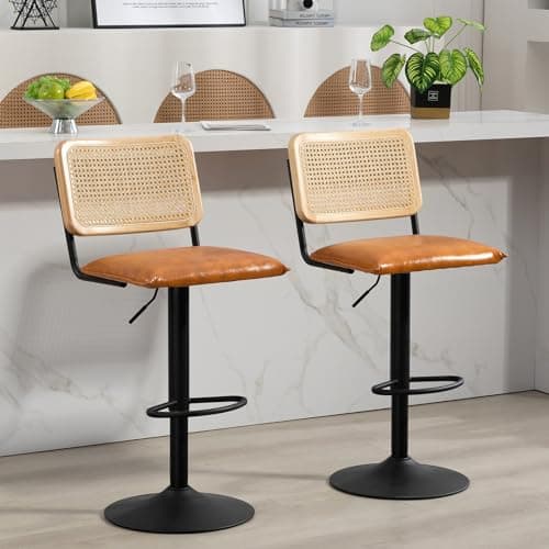 Finnhomy Modern Rattan Bar Stools Set of 2 - Natural Woven Design, Swivel Seat, Footrest, and Cane Backrest, Height Adjustable Bar Chairs for Kitchen Counter and Dining Room, Whiskey Brown