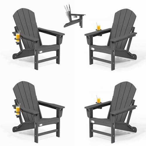 Mdeam 3-Position Adjustable Adirondack Chairs Set of 4, 400LBS Capacity, Cup Holder, Wooden Textured, All-Weather HDPE Folding Fire Pit Outdoor Chairs for Poolside Deck Patio Garden Yard Lawn - Grey