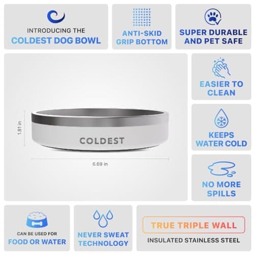 Coldest Dog Bowl - Anti Rust Metal, Non Slip, 3 Layers Insulated Stainless Steel Dog Bowls - Spill Proof & Heavy Duty - Water Bowl for Dogs, Cats & Pets, Dish Washer Safe (21 oz, Epic White) 5
