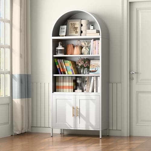 VEXPOR 73" Tall Metal Arched Bookcase with Doors, 5-Tier Arched Bookshelf with 2 Adjustable Shelves for Living Room, Home Office, Assembly Required, White, 15.35" D x 30.71" W x 72.83" H 6