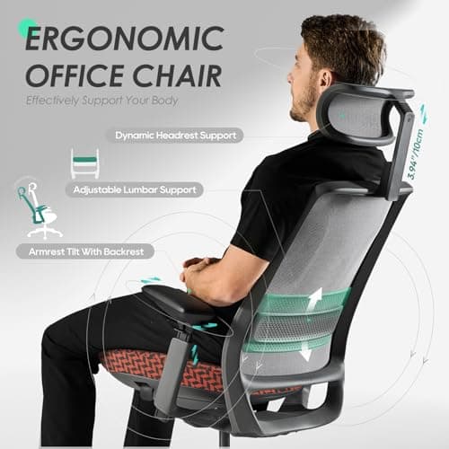 COLAMY Ergonomic Office Chair, Mesh Desk Chair with High Back, Lumbar Support, Adjustable Headrest and 4D Arms, Slide Seat, Tilt Lock-Coral 6