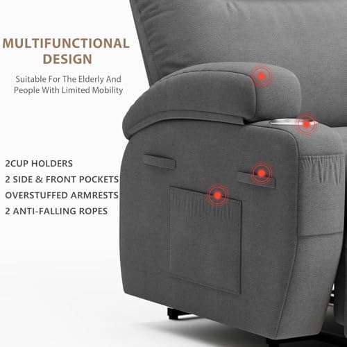 Flamaker Power Lift Chair Massage Recliner Chairs for Elderly - Ergonomic Design with Cup Holders & Side Pockets, Remote Control (Gray) 7