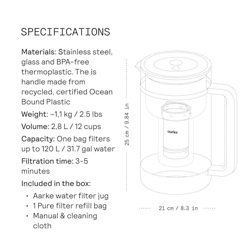 Aarke Purifier - Premium Glass and Stainless Steel Water Filter Pitcher, Refillable Filter System and Granules, 2.8L Pitcher with 1.66L Filtration Capacity 8
