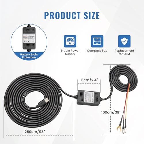 EWAY Type-C USB C Port Dash Cam Hardwire Kit, 3-Lead Acc Hard Wire Kit for Dash Camera 24H Parking Monitor, Low Voltage Protection 12V- 24V to 5V w/Fuses Dashboard Camera Power Supply Cord 11.5ft 8