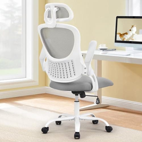 Sweetcrispy Home Office Desk Chair, Ergonomic High-Back Mesh Rolling Work Computer Chairs with Wheels and Adjustable Headrests, Comfortable Lumbar Support, Comfy Flip-up Arms for Bedroom, Study, Grey