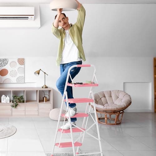 BONTEC 4-Step Ladder, 400lbs Max Load, Folding Step Stool with Tool Tray, Anti-Slip Pedals, Sturdy Steel, Lightweight Portable Ladder with Handrail for Home & Work Use, Pink 8
