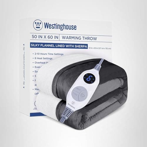 Westinghouse Heated Throw Blanket, Electric Blanket Throw with 6 Heating Levels and 2-10 Hours Time Settings, Flannel to Sherpa Super Cozy Heated Blanket Machine Washable, 50x60 inch, Charcoal 9