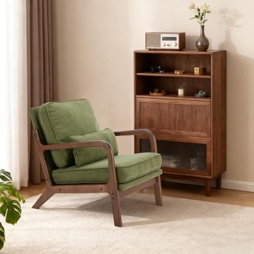 DUMOS Mid Century Accent Chair, Modern Living Room Chairs with Arms and Waist Cushion, Reading Chairs for Adults, Lounge Chair for Bedroom, Solid Wooden Frame, Classic Green 8