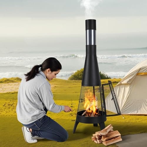 VEVOR Chiminea, 20 Inch Outdoor Wood Burning Firepit, Conical Fireplace for BBQ & Warming, Outside Wooden Fire Pit with Grill Mesh, Chimney Coat & Rustproof Chiminea Lid, for Patio, Garden, Backyard 8