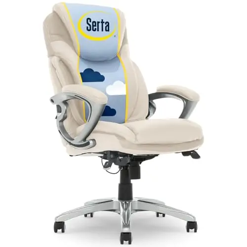 Serta Bryce Executive Office Chair, Ergonomic Computer Desk Chairs with Patented AIR Lumbar Support, Comfy Body Pillows, Height Adjustable, Swivel Base with Wheels, Bonded Leather, Cream
