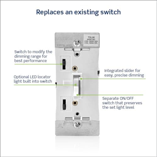 Leviton Toggle Slide Dimmer Switch for Dimmable LED, Halogen and Incandescent Bulbs, TSL06-1LW, White 3