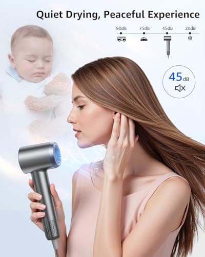 Hair Dryer, 160000 RPM High-Speed Ionic Blow Dryer Portable Professional Lightweight Hair Dryers with 200 Million Negative Ions, Fast-Drying, Quiet Hair Dryer with Nozzle for Travel, Home, Salon（HF03） 6