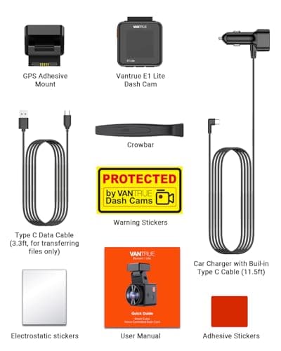 Vantrue E1 Lite 1080P Dash Cam, Mini Car Camera with Night Vision, 60fps Dash Cam with GPS and Speed, Wi-Fi APP Control, Loop Recording, Voice Control, 24H Parking Mode, Support 512GB 9